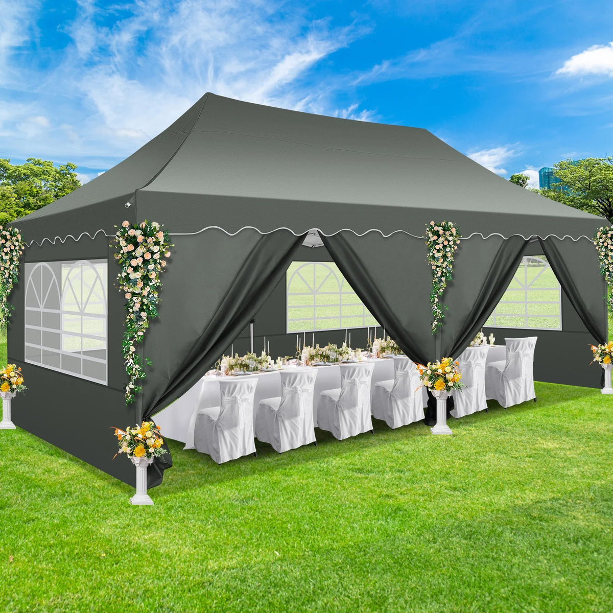 10' x 20' Pop Up Canopy Tent with 6 Removable Sidewalls, Carry Bag, 4 Sandbags, Gray O67388