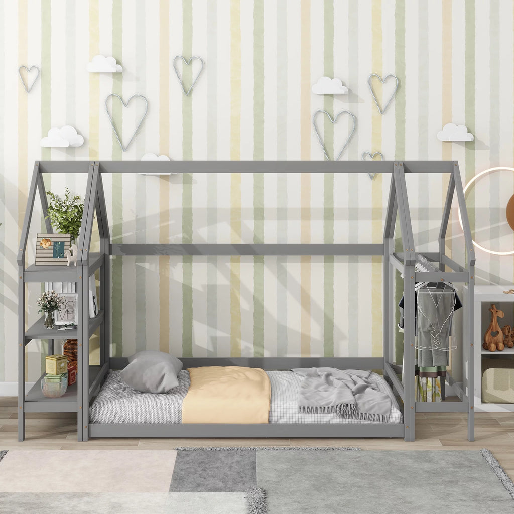 Twin House-Shaped Floor Bed Frame with 2 Detachable Stands S3767