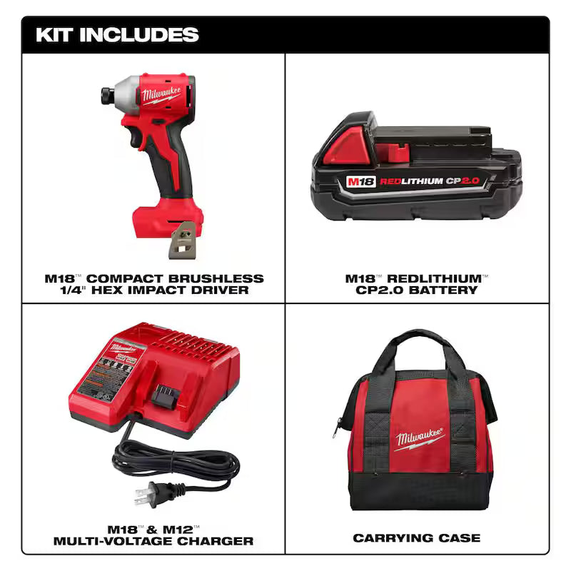 18V Lithium Ion Compact Brushless Cordless 1/4 in. Impact Driver Combo Kit with Screwdriver Bit Set B810565