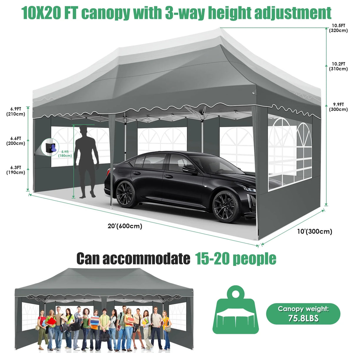 10' x 20' Pop Up Canopy Tent with 6 Removable Sidewalls, Carry Bag, 4 Sandbags, Gray O67388
