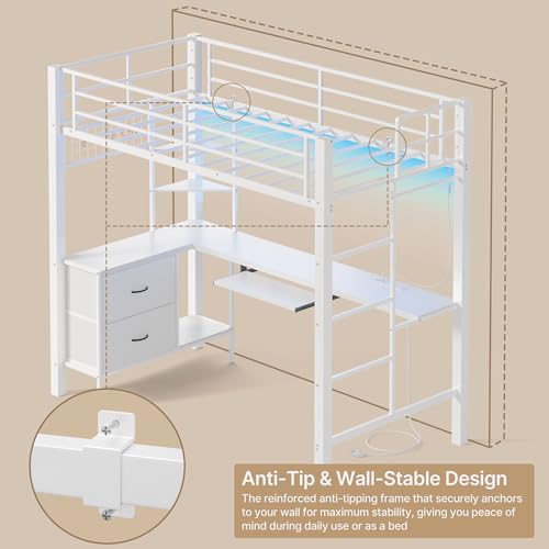 Brown Twin Loft Bed with L-Shaped Desk and LED Lights Q2719