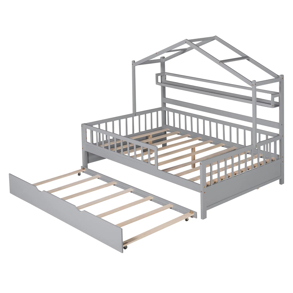 Gray Wood Twin House Bed with Trundle F253