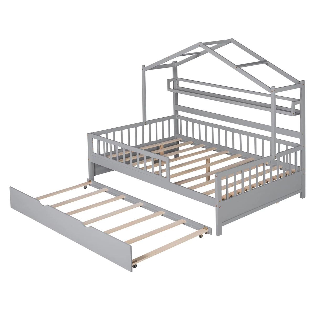 Gray Wood Twin House Bed with Trundle F253