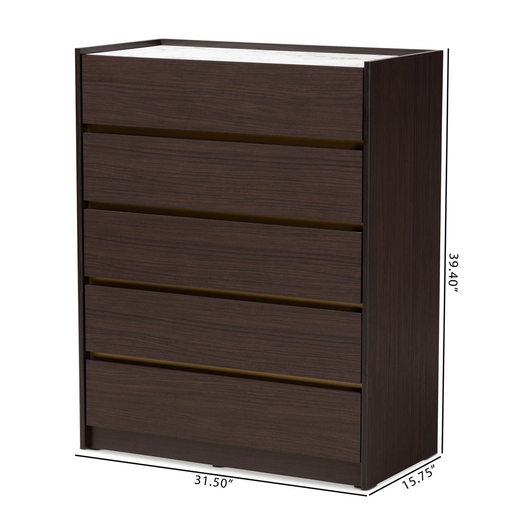 Dark Brown and Gold 5-Drawer Wood Chest with Faux Marble Top P99128