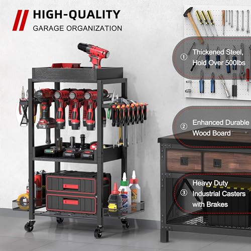 Power Tool Organizer with Rolling Cart and Open Tool Chest Cabinet U141630
