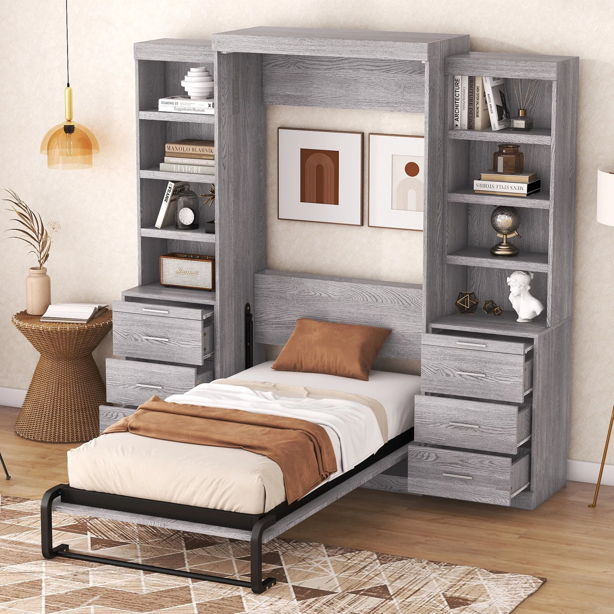 Twin Size Murphy Bed with Wardrobe and Drawers Y959
